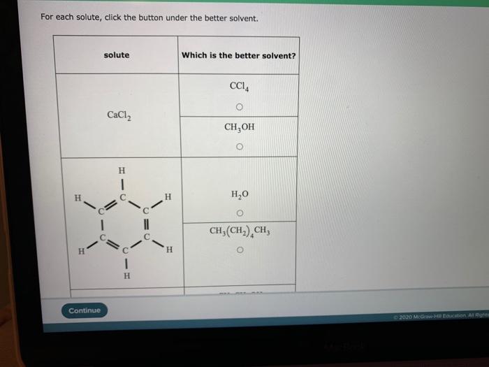 For each solute click the button under the better solvent