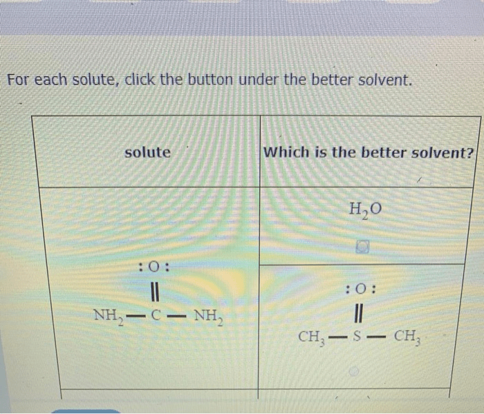 For each solute click the button under the better solvent